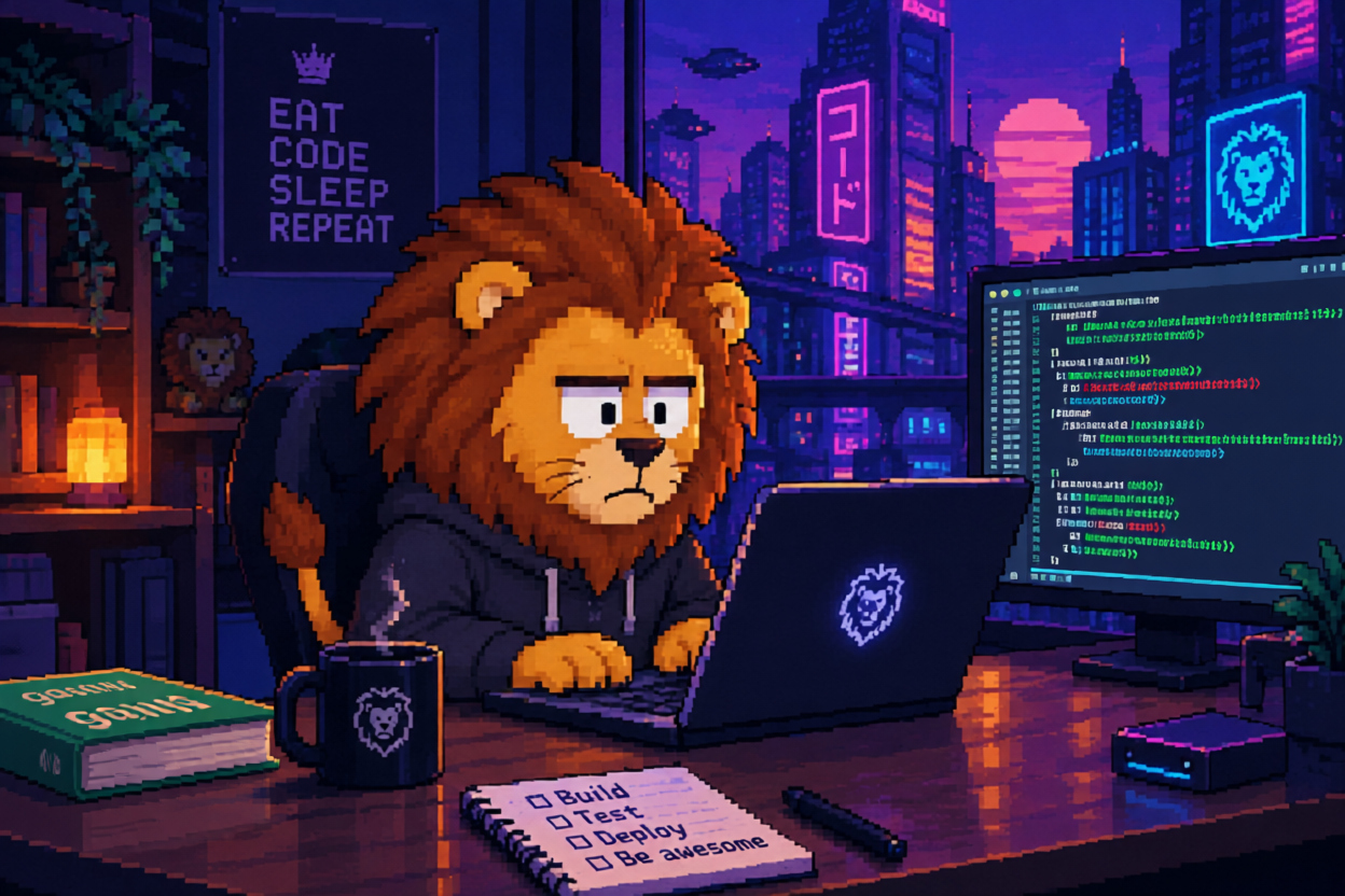 Pixel-art lion coding at a desk in a neon cyberpunk city at night